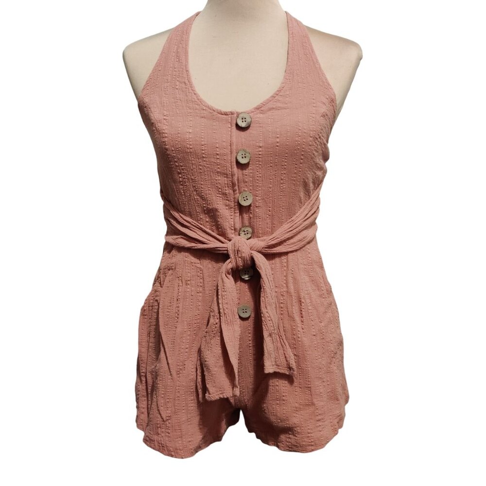 Cotton Candy LA M Textured Clay Halter Romper Button Front Tie Waist Pockets